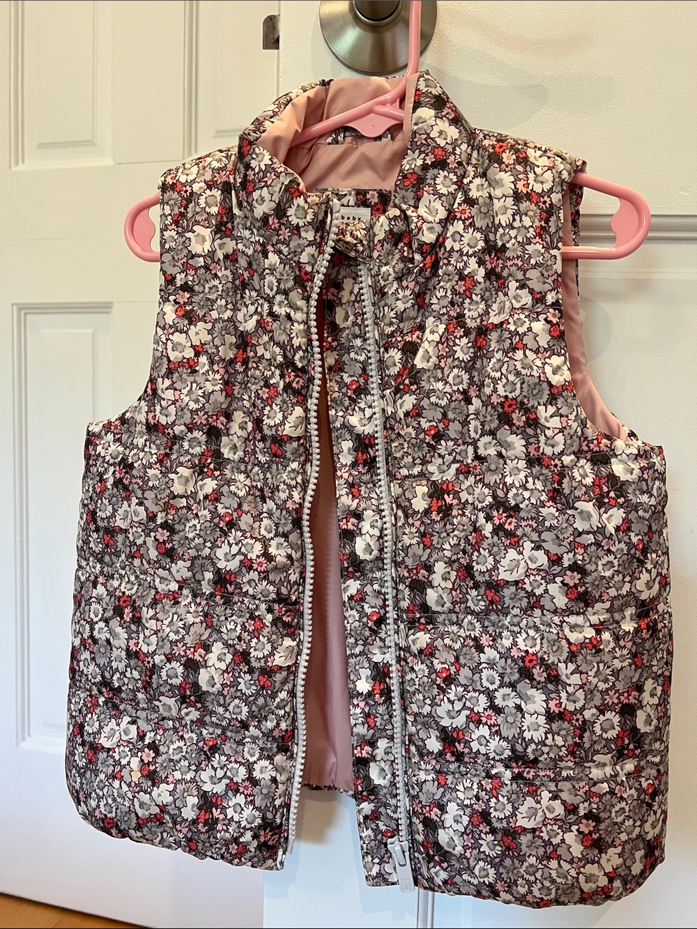 GAP Girls Floral Quilted Vest - Pink, Gray, Red Accents